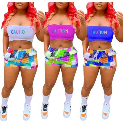 Sexy Women Breast Wrap Shorts Off Shoulder Casual Letter Creative Printing Color Block Cooling Summer Clothing