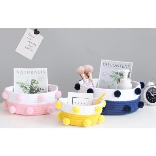 Nordic Cotton Rope Woven Storage Basket with Pompom Dirty Clothes Laundry Baskets Desktop Sundries Cosmetics Toys Organizer Box