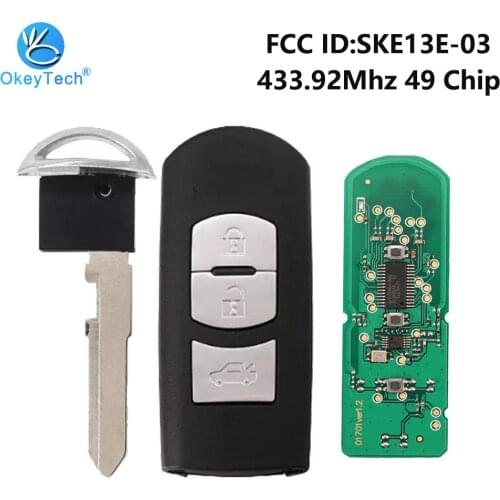 OkeyTech for Mazda 2017 433Mhz 3 Button Auto Car Remote Smart Key Card with Insert Blade FCC ID:SKE13E-12 MAZ24R for Mazda Key