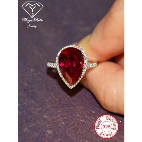 Created Ruby Real Echt 925 Sterling Silver Party Cocktail Ring For Women Pear Drop Shape Imitation Red Gemstone Female Gifts