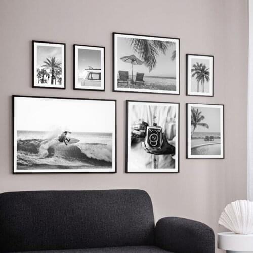 Black White Surf Beach Chair Camera Palm Tree Car Van Wall Art Print Canvas Painting Nordic Poster Decor Picture For Living Room