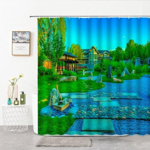 Park Garden Landscape Shower Curtain Fabric Green Plants Willow Houses Construction Stone Road Decor Wall Cloth Bath Curtains