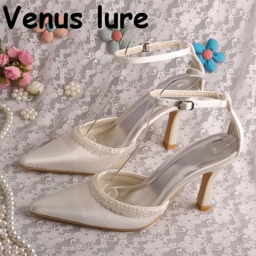 Pointed Toe Ivory Shoes Womens Summer Heels with Ankle Strap