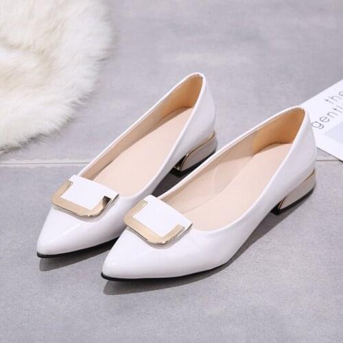 Plus Size Patent Leather Dress Shoes Low Heels Office Work Shoes Woman Pumps Metal Boat Shoes Pointed Toe Wedding Shoes