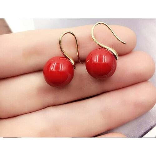 Women Jewelry Earring 10mm Bright red round ball natural sea shell Pearl Dangle gold color hook Earring