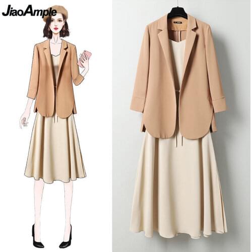 Womens Two Pieces Dress Suits 2021 Spring Autumn Office Lady Solid Suit Coat+sleeveless Dress New Casual Loose Cardigan Female