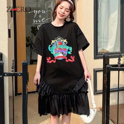 2021 Female Black Casual Cartoon Print Splicing Ruffle Loose Dresses for Women Summer O-Neck Raglan Sleeves Midi Plus Size Dress