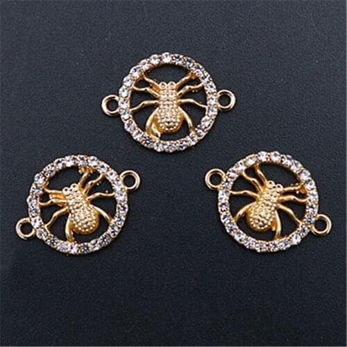 6pcs Kc Golden Handmade Rhinestone Circle Hanging Spider Charm Fashion Bracelet Necklace DIY Metal Jewelry Alloy Connectors