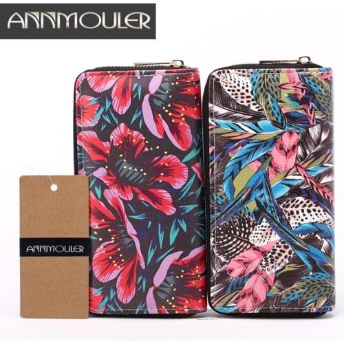 Annmouler Women Leather Wallet Purse Floral Print Long Size Purse Brand Designer Luxury Coin Purse High Quality Card Holders