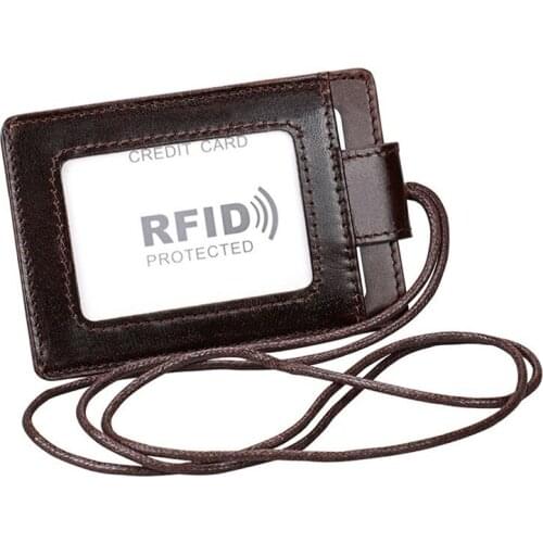 Rfid Genuine Leather Card Holder Students Bus Card Case Work Identity Badge Multifunctional Cards Cover With Rope Purse Wallet