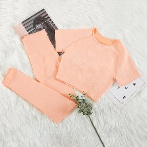 CHRLEISURE 2021 New Seamless Fitness Suit Ladies Fitness Yoga Suit Sports Suit High Waist Leggings + T-Shirt 2 Peice Suit Sport