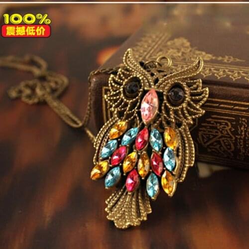 Retro Owl Alloy Crystal Long Pendant Necklace For Women Fashion Exaggerated Animal Metal Sweater Chain Jewelry Wholesale