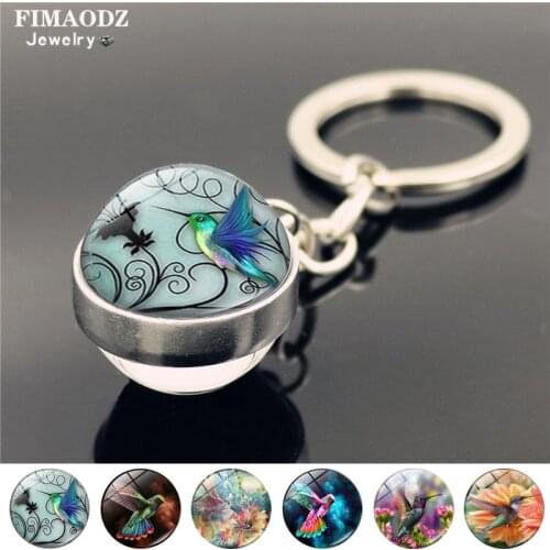FIMAODZ Hummingbird Keychain Blue Flying Humming Bird Art Photo Glass Cabochon Pendant Key Chain Ring for Women Girls