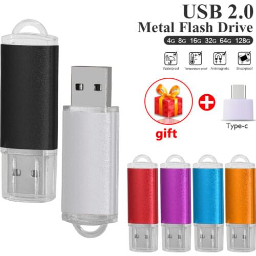 True capacity metal cle usb 2.0 pendrive 128GB 64GB pen drive 32GB memoria flash drive 16GB 8GB memoria stick + type-c adapter