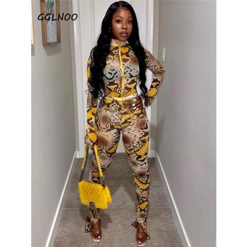 GGLNOO Snake Print Fitness Sports Wear Matching Set Women Casual Fashion 2 Piece Outfits Zipper Long Sleeve Top And Pants Sets