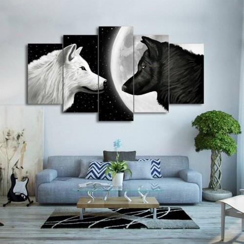 Painting Print Poster Wall HD Art For Living Kids Room Decorative 5 Pieces/Pcs Wolf In The Moon Canvas Framework Modular Picture