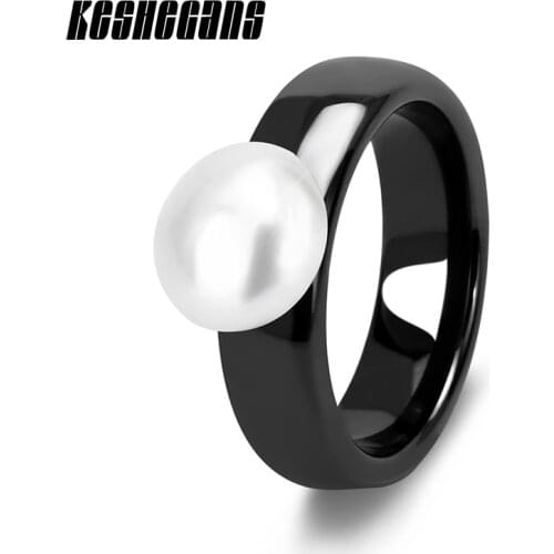 New Design Big Simulate Pearl Ceramic Ring Classic Black White Color For Women Girl Elegant Fashion Jewelry Anti Allergies Gifts