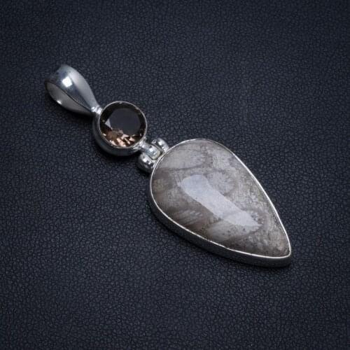 Natural Fossil Coral and Smoky Quartz Handmade Indian 925 Sterling Silver Pendant 2" T0307