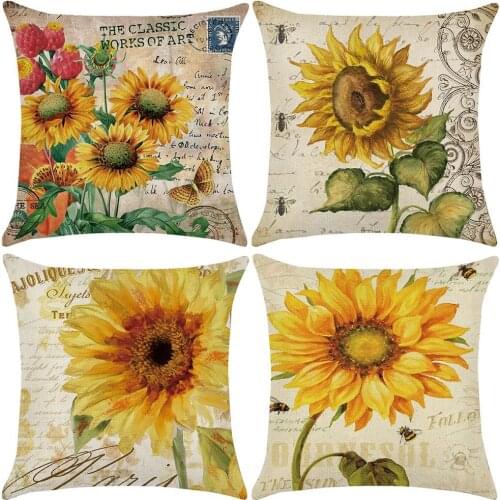 Sunflower Print Linen Pillow Case 45*45 Double-sided Throw Pillow Cases Pillowcases Decorative Pillows Pillow Cover