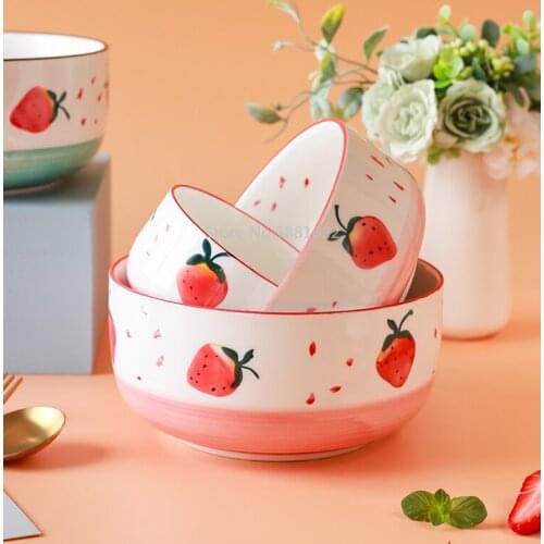 Lovely Strawberry Bowl Pink Girl Heart Ceramic Fruit Salad Bowl Household Rice Bowl Breakfast Bowl NoodleBowl Separate LargeBowl