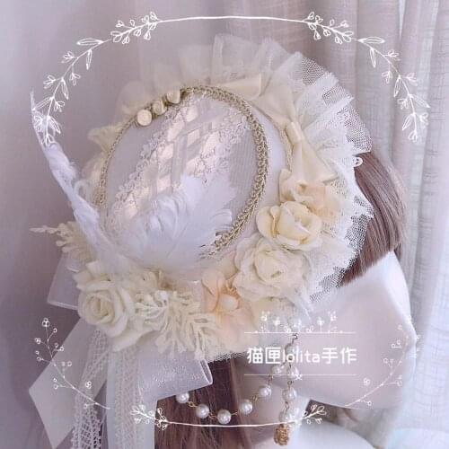 Sweet Wedding Handmade Original Palace Style white Lace feather Gorgeous Vintage Mori Girl Flat Small Top hat Cosplay Ornaments