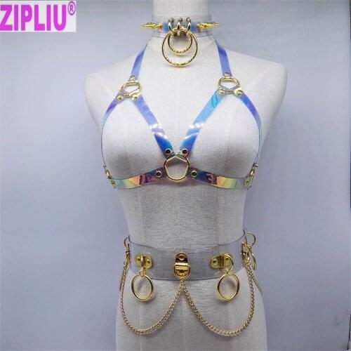 Fashion Sexy Harajuku Handmade Dance set Laser holographic Choker Necklace harness punk buttom belt TOP Bra torques club party