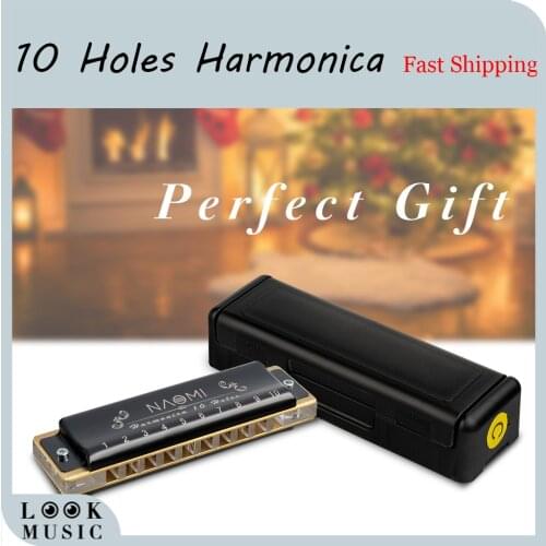 NAOMI 10 Hole Professional Blues Harmonica Acrylic Comb Brass Reeds C Key With Black Case
