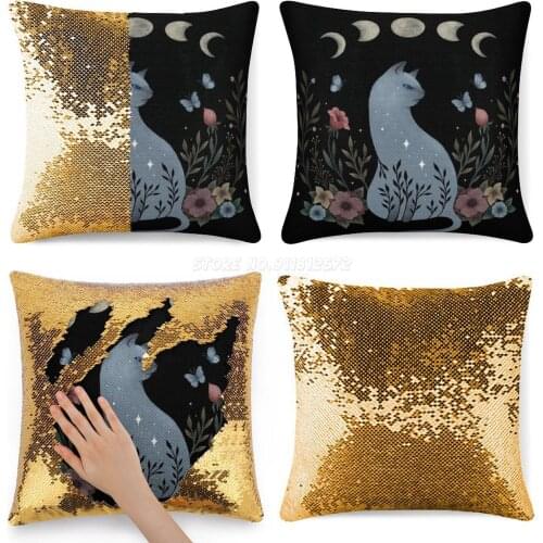 Cat on The Hill Sequin Pillowcase Magical Cushions Cover 40X40cm Mermaid Night Night Garden Moon Moon Phase Moon Light Moonshine