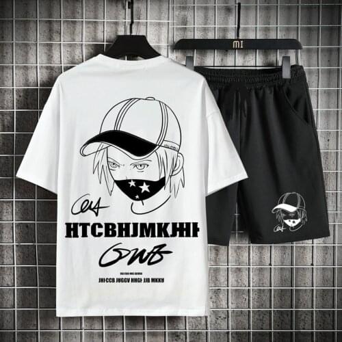 2021 Summer New Mens Round Neck Print Simple Sports Two-piece Casual Trend Five-point Sleeve Short-sleeved Pants