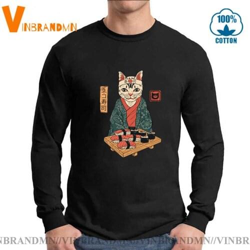 Original design brand clothing tops tee Naughty Cute Cat Samurai Japanese T shirt Lovely cartoon Sushi Cat Chef t-shirt