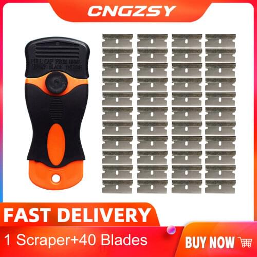 CNGZSY Cleaning Scraper Old Glue Sticker Spatula Ceramic Glass Oven Paint Cleaner + 40pcs Metal Blades Car Tinting Tools E12+40M