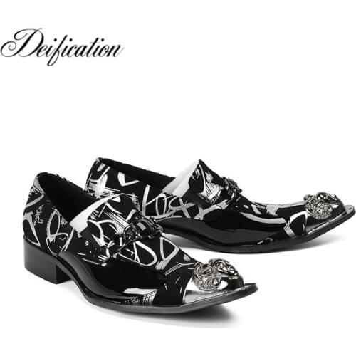 Deification Iron Metal Pointed Toe Mens Dress Shoes zapatos hombre Luxury Wedding Shoes Printed Men Flats Office Formal Shoes