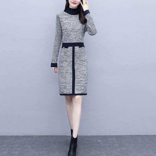 Knit Dress Autumn Winter Ladies Mid-Length High-Neck Warm Wild Casual Temperament Thicken Base Dress Female Vestidos Mujer Q342