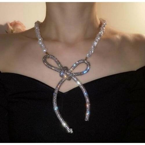 High quality women sparkling pearl bow necklace, collar chain choker, for womens wedding, the best banquet jewelry