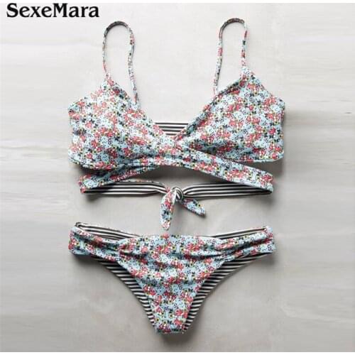 2019 SexeMara Brand Sexy tie knot bikini women two piece set swimwear cross Push Up swimsuits model Beach wear floral Printed