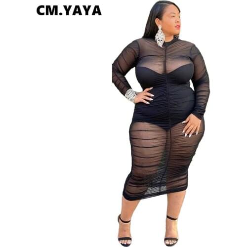 CM.YAYA Plus Size XL-5XL Long Sleeve Midi Length Women Midi Dress Fall Winter Stacked See Through O-Neck Night Club