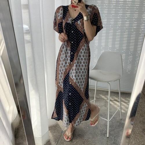 Drop shipping Vestidos Bohemian Irregular Print Seaside Holiday Beach Dress New V-neck Ethnic Style Women