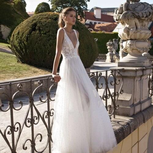 V-Neck Lace Appliques Pearls A-Line Backless See Through Skirt Tulle Wedding Dress 2021 Vestido De Noiva Bridal Gowns