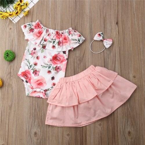 Newborn Baby Girls clothes Geometry Ruffle Skirts bow Headband round neck sleeveless Flower print Bodysuit 3pc Toddler Outfits