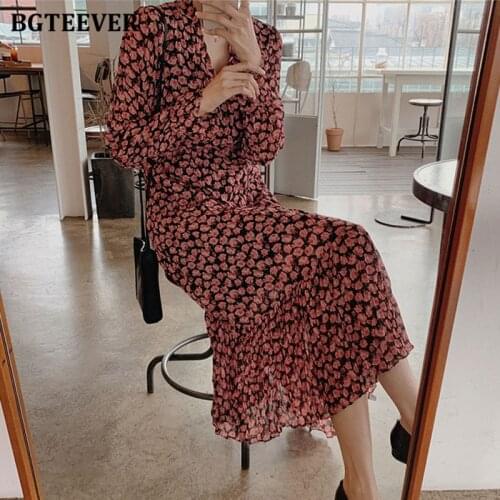 BGTEEVER Vintage Floral Print Female Midi Dress Elegant V-neck Long Sleeve Ruched Women Dress 2021 Summer Ladies Vestidos