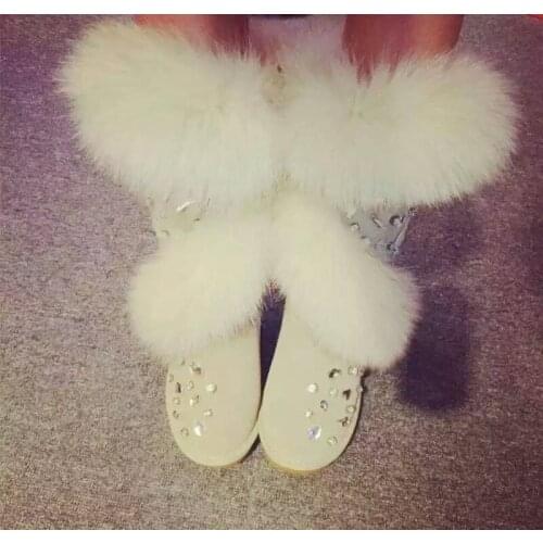 Real Fox Fur Boots Womens Genuine Leather Cowhide Winter Boots Handmade Rhinestone Winter Shoes Women Snow Boots