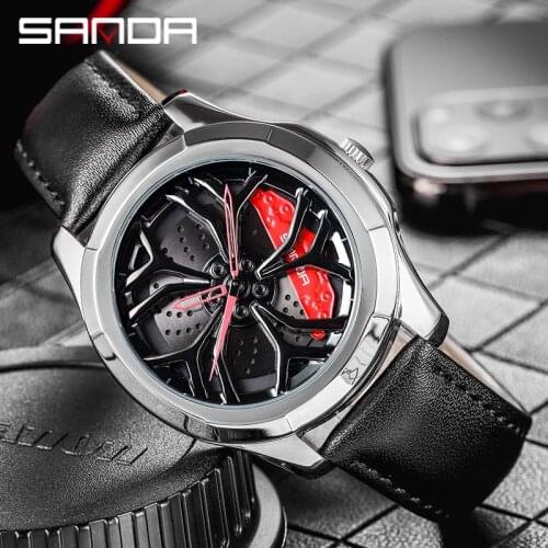 SANDA Car Wheel Watch Mens Custom Design Sports Car Wheel Mens Watch Leather Waterproof Creative Mens Watch Relogio Masculino