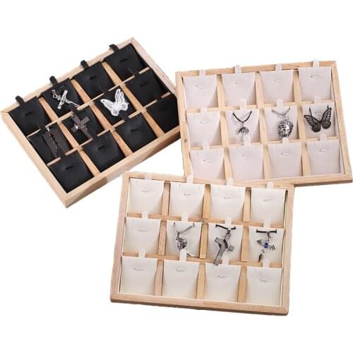 12 Grids Wooden Necklace Jewelry Display Storage Tray Velvet/PU Leather Pendant Display Showcase 25cm*19cm*2.3cm