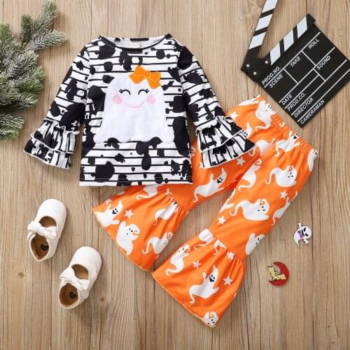 Children Baby Girls 2pcs Suit Toddler Cartoon Ghost Print Long Sleeve Tops+ Flared Trousers Infant Kids Outwear Clothes