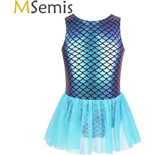 Kids Mermaid tutu dress Ballet Leotard Toddler Girls Sleeveless Party Dancewear Fish Scales Printed Glitters Tulle Leotard Dress
