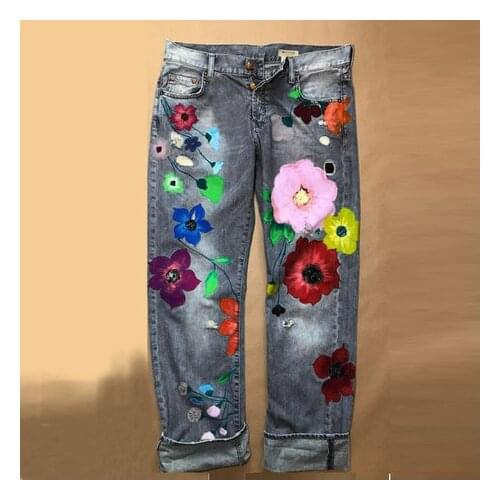 Cute Flower PrintedJeans Women Loose Jeans New Style Direct Jean Hot Fashion Ladies Printed Thin Denim Spring And Summer Breathe