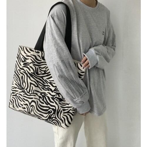 Zebra Pattern Canvas Bag for Women 2021 Cloth Shoulder Bag Student Casual Large Capacity Eco Shopping Totes Girls Female Handbag