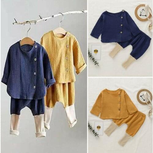 Kids Baby Cotton Linen Clothes T-Shirt Top+Pants Leggings 2PCS Outfit Sets Long Sleeve Yellow/Navy Blue Babys Set