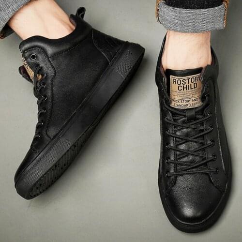 Casual Shoes Men Cow Leather Flat Shoes Lace-up Low Top Sneakers Fashion Flats Shoes Size 36-45 Black Sneakers