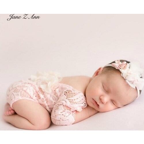 Jane Z Ann Newborn Lace Photo Clothing baby girl twins flower Hairband+ Chiffon Lace Photography bodysuit 2pcs Set